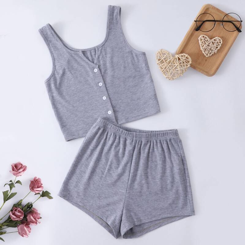 

Ribbed Button Front Solid Lounge Set, Grey