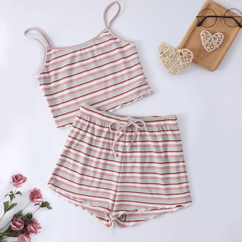 

Striped Lettuce Trim Cami PJ Set, Multicolor