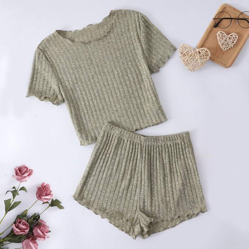 

Lettuce Trim Rib-knit Lounge Set, Army green