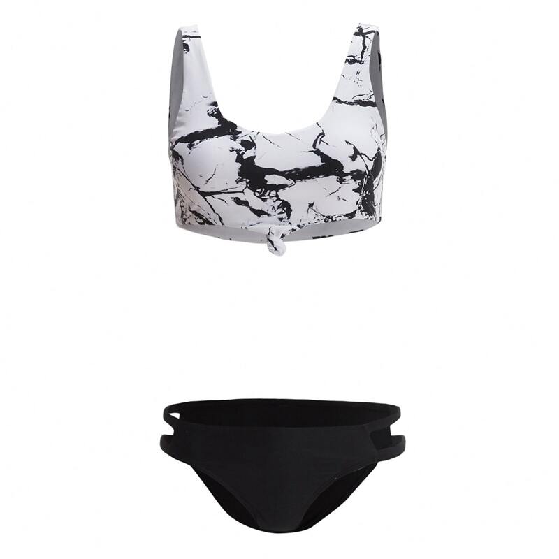 

Marble Pattern Cut Out Bikini Swimsuit, Black and white