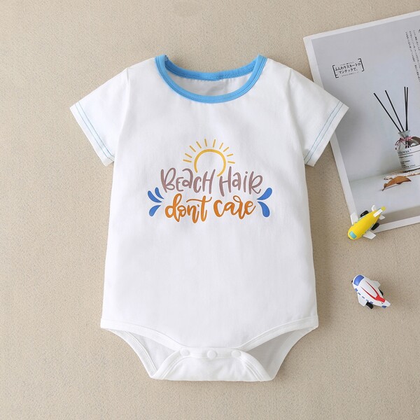 

Baby Boy Letter and Sun Print Contrast Neck Bodysuit, White
