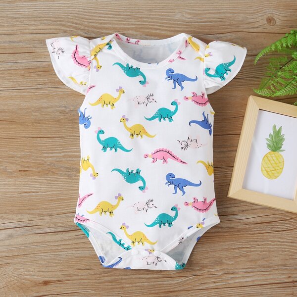 

Baby Girl Dinosaur Print Ruffle Sleeve Bodysuit, Multicolor