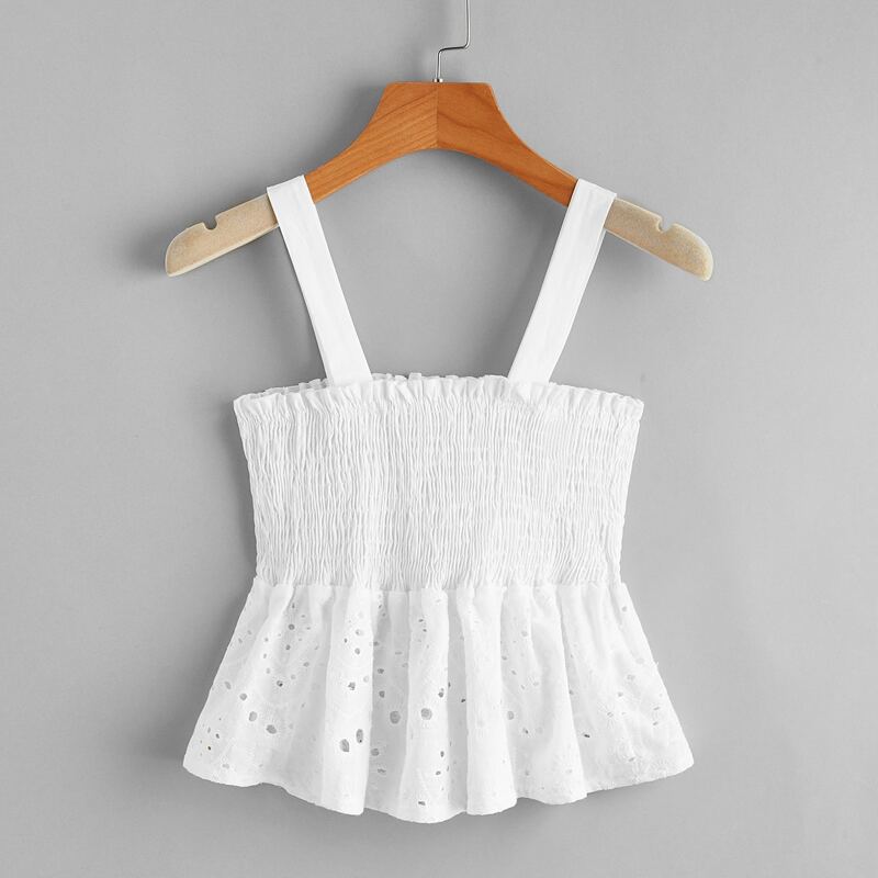 

Eyelet Embroidery Shirred Peplum Crop Top, White