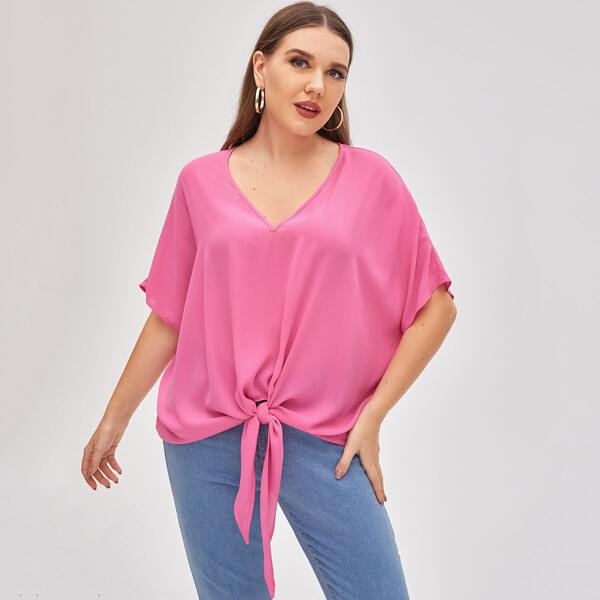 

Plus V-Neck Knot Front Solid Top, Pink