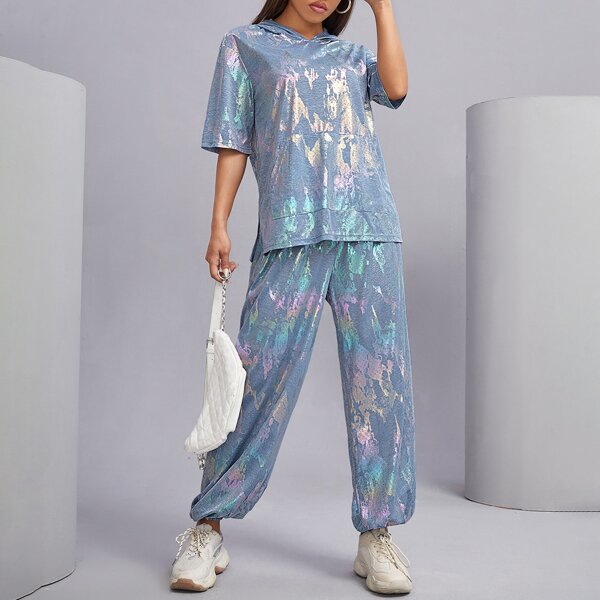 

Graphic Print Hooded Tee With Sweatpants, Blue