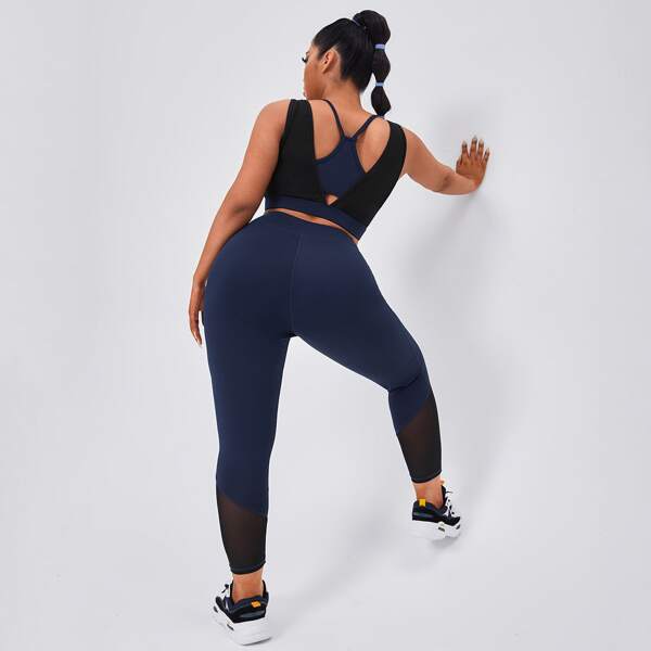 

Plus Crop Tank Top & Leggings Sports Set, Navy blue