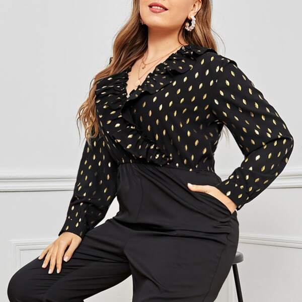 

Plus Gilding Dot Print Ruffle Trim Jumpsuit, Black