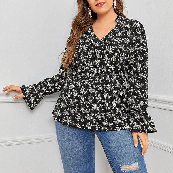 

Plus Allover Floral Print Flounce Sleeve Blouse, Black