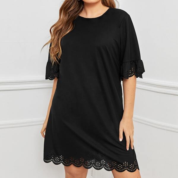 

Plus Flounce Sleeve Laser Cut Dress, Black