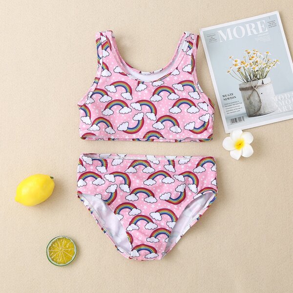 

Toddler Girls Rainbow Print Bikini Swimsuit, Baby pink