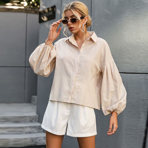 

Lantern Sleeve Solid Blouse, Apricot