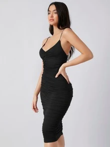 SHEIN Vestido fruncido de espalda baja - Negro - Ver 3