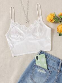 SHEIN 蕾絲邊天鵝絨短版吊帶上衣 - 白色 - 查看 1