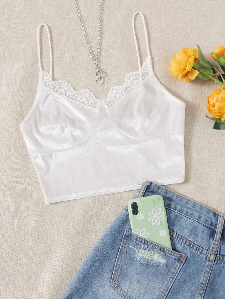 SHEIN 蕾絲邊天鵝絨短版吊帶上衣 - 白色 - 查看 1