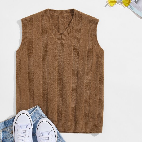 

Men V-Neck Solid Sweater Vest, Brown
