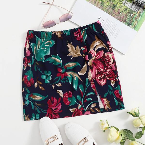 

Floral Print Split Hem Straight Skirt, Multicolor