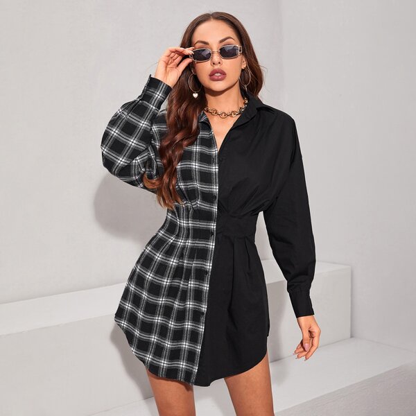 

Tartan Colorblock Shirt Dress, Multicolor