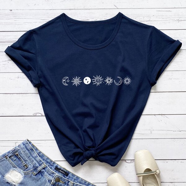 

Abstract Sun And Moon Print Tee, Navy blue