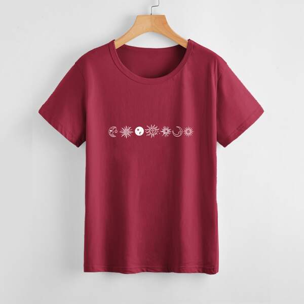 

Abstract Sun And Moon Print Tee, Burgundy