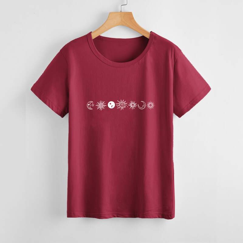 

Abstract Sun And Moon Print Tee, Burgundy