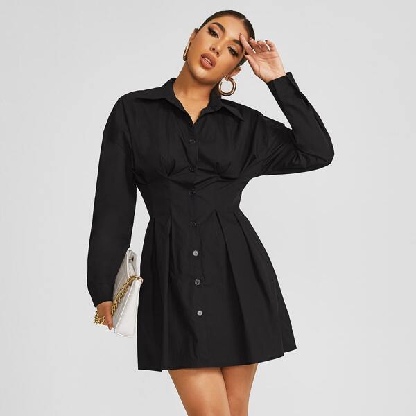 

Single Breasted Fold Pleated Shirt Dress, Black