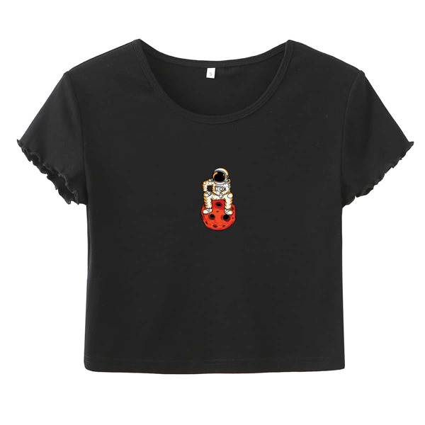 

Cartoon Graphic Lettuce Trim Crop Tee, Black
