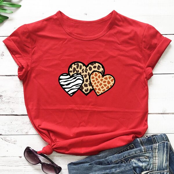 

Heart Print Crew Neck Tee, Red
