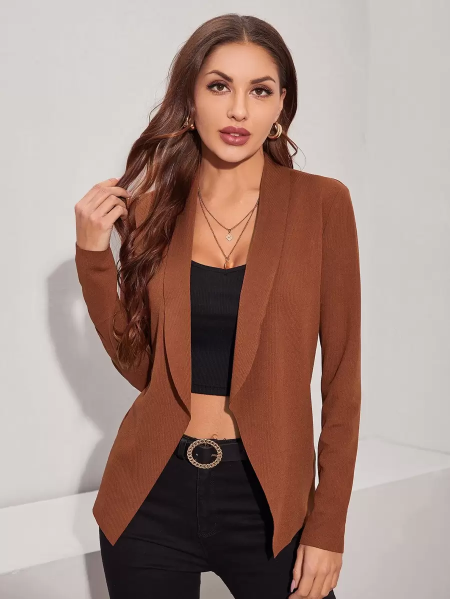 SHEIN Clasi Shawl Neck Open Front Solid Coat In Fall/Winter - Coffee Brown - View 1