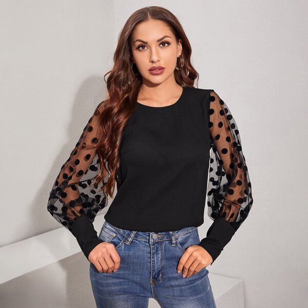

Polka Dot Mesh Bishop Sleeve Top, Black