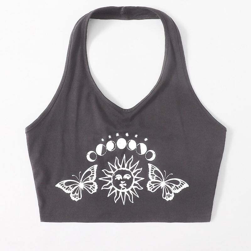 

Sun & Moon Graphic Butterfly Crop Halter Top, Dark grey