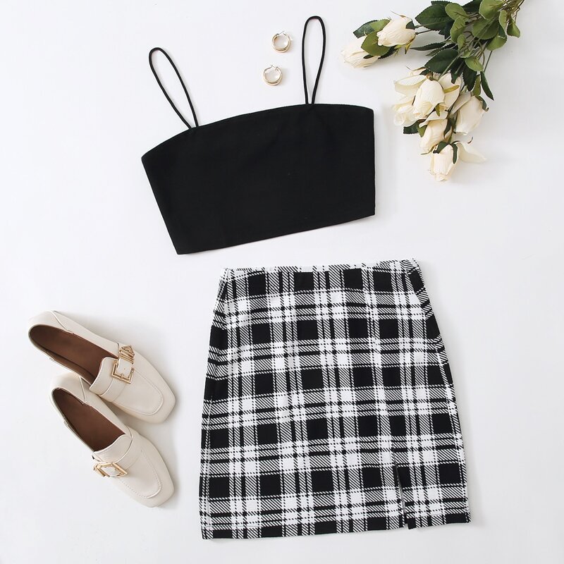 

Cami Top & Plaid Skirt Set, Black and white