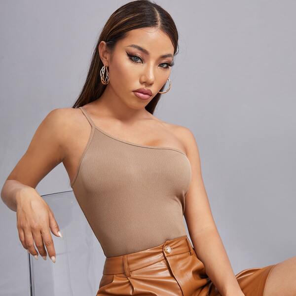 

Solid One Shoulder Fitted Top, Khaki