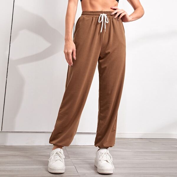 

Drawstring Waist Slant Pocket Sports Pants, Coffee brown