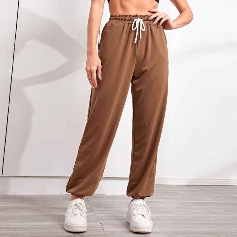 

Drawstring Waist Slant Pocket Sports Pants, Coffee brown