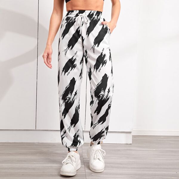 

Allover Print Drawstring Waist Sports Pants, Black and white