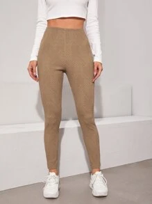 SHEIN High Waist Textured Leggings - Khaki - View 3