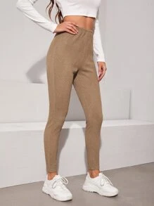 SHEIN High Waist Textured Leggings - Khaki - View 5