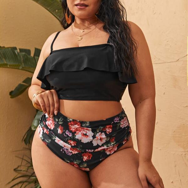 

Plus Floral Ruffle Bikini Swimsuit, Multicolor