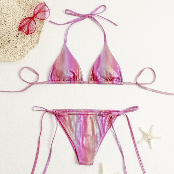 

PU Halter Tie Side Bikini Swimsuit, Hot pink