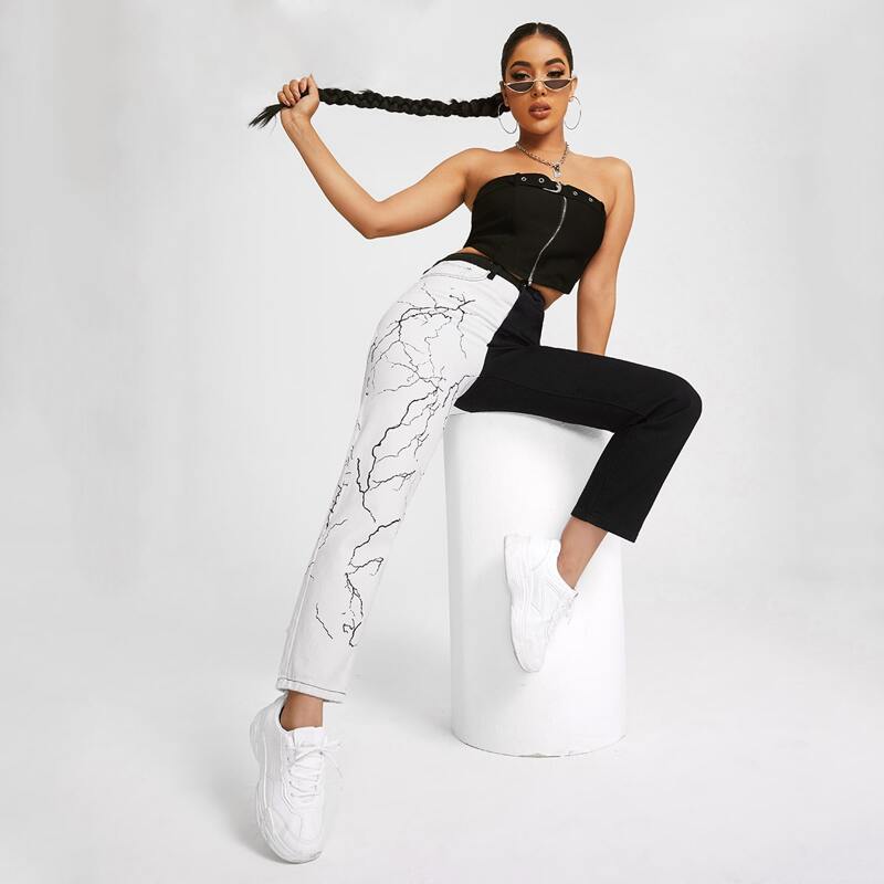 

High Waist Color Block Jeans, Black and white