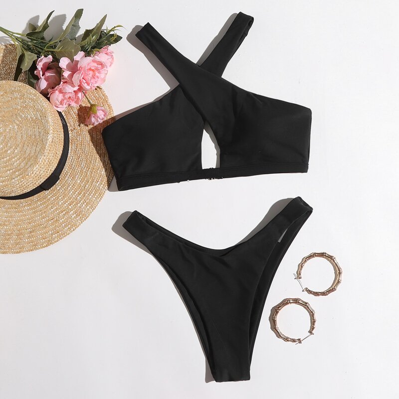 

Crisscross High Leg Bikini Swimsuit, Black