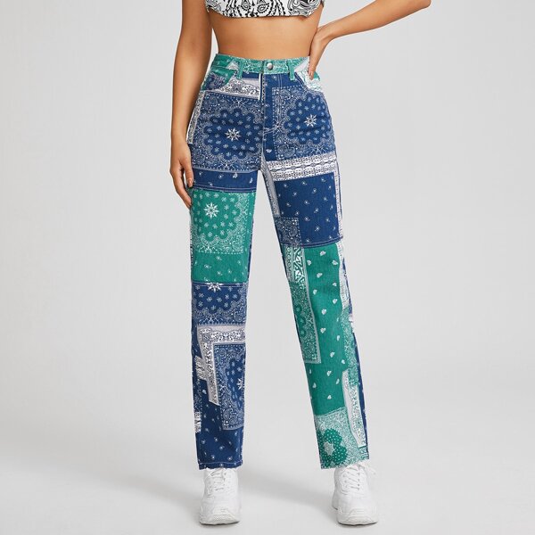 

High Waist Scarf & Paisley Straight Jeans, Multicolor