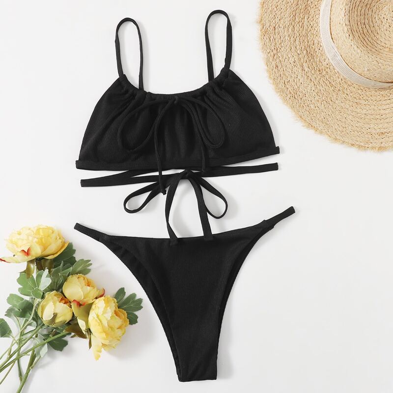 

Tie Front Cami Bikini Swimsuit, Black