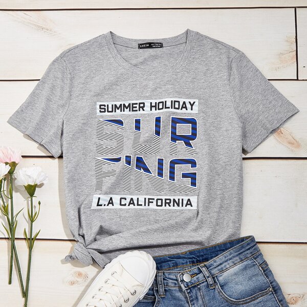 

Round Neck Slogan Graphic Tee, Light grey
