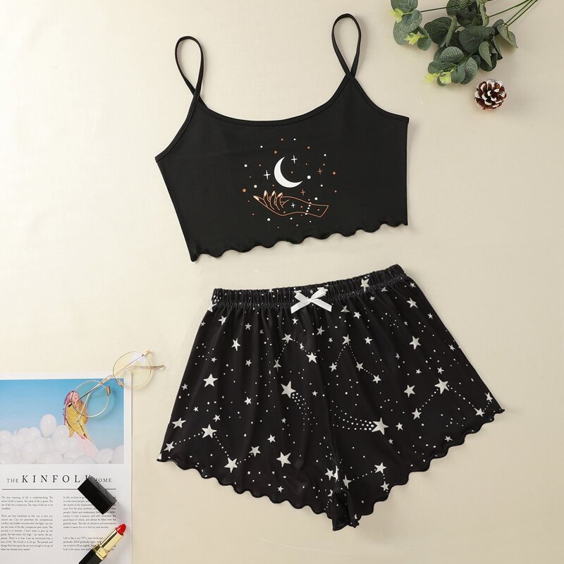 

Star Print Shorts PJ Set, Black