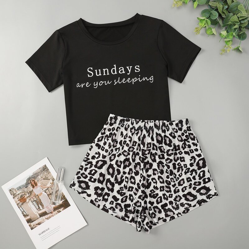 

Leopard Print Shorts PJ Set, Black
