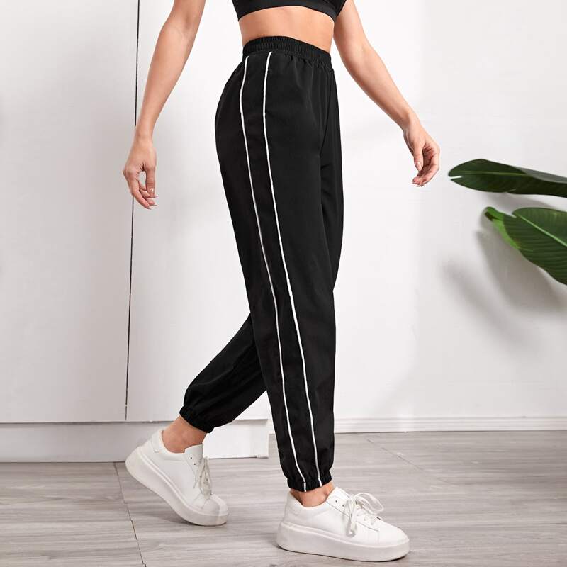 

Contrast Striped Trim Sports Pants, Black