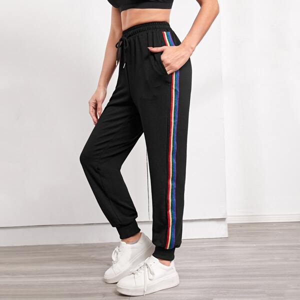 

Side Striped Drawstring Waist Sports Pants, Black