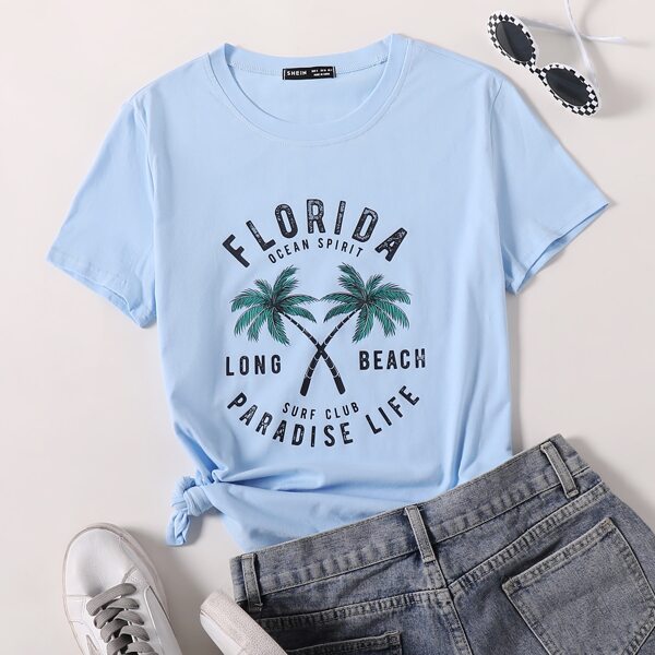 

Coconut Tree & Slogan Graphic Tee, Baby blue