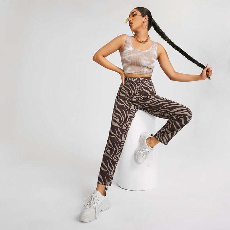 

High Waist Zebra Striped Straight Jeans, Multicolor